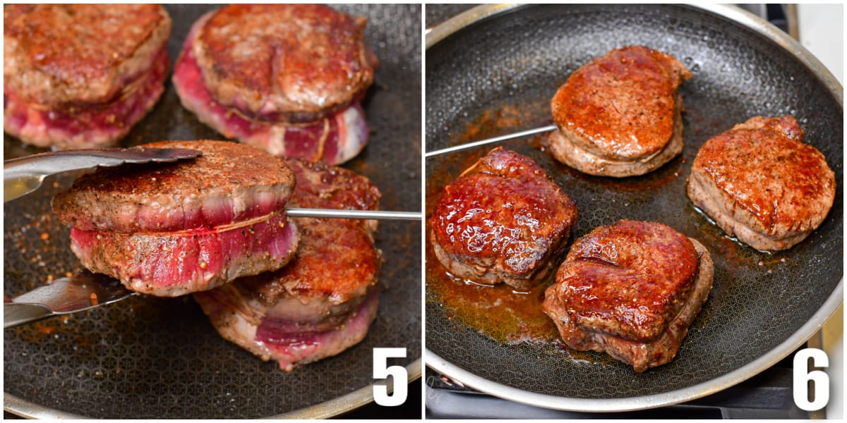 collage of two images of inserting meat thermometer to the steak and cooked steaks in the pan.