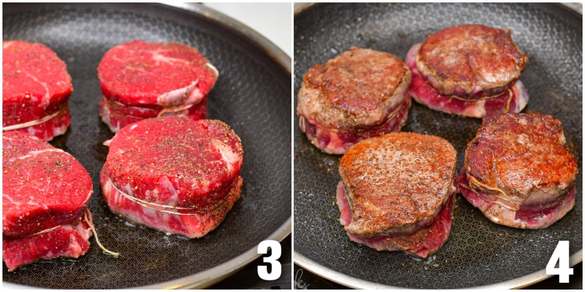 collage of two images of searing the four tied filet mignon steaks in the cooking pan.