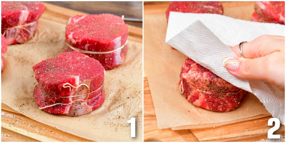 collage of wo images of seasoning filet steaks and patting down with paper towel.