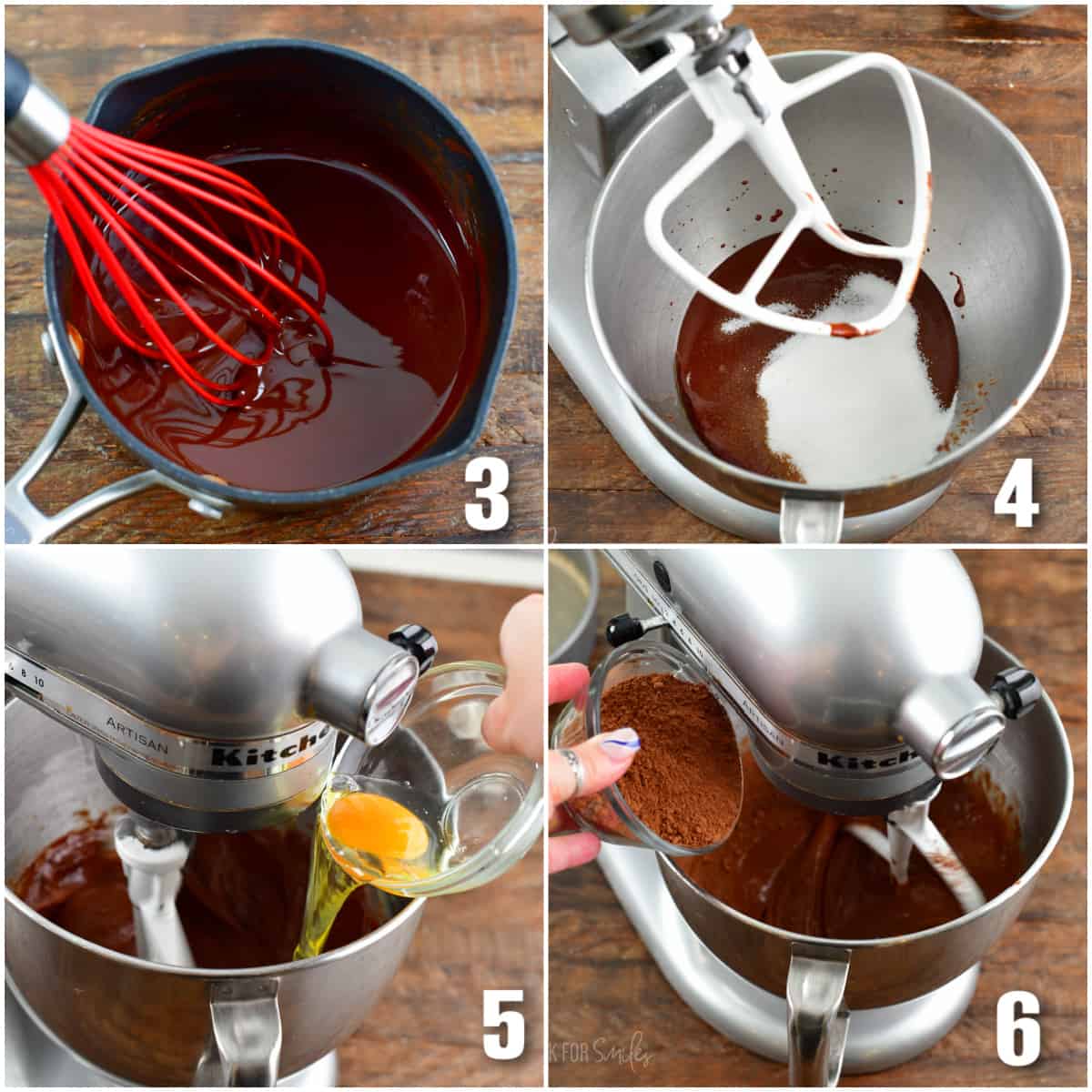 collage of four images to show steps to make the flourless chocolate cake batter.