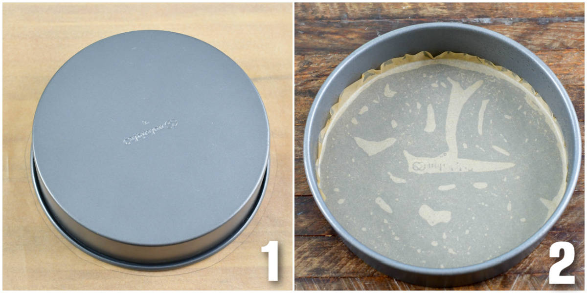 collage of two images of tracing the parchment paper around the pan and lining the pan.