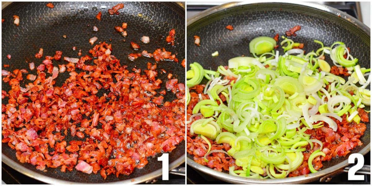 Collage of two images of diced bacon in a pan, adding leaks to bacon.