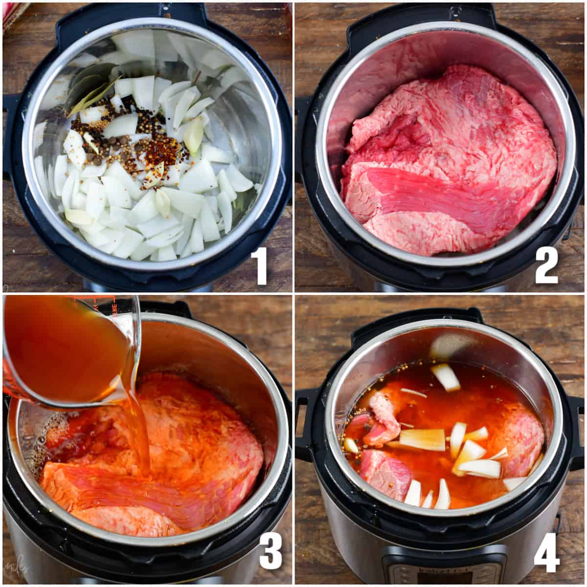 Collage of four images of adding ingredents to the instant pot.