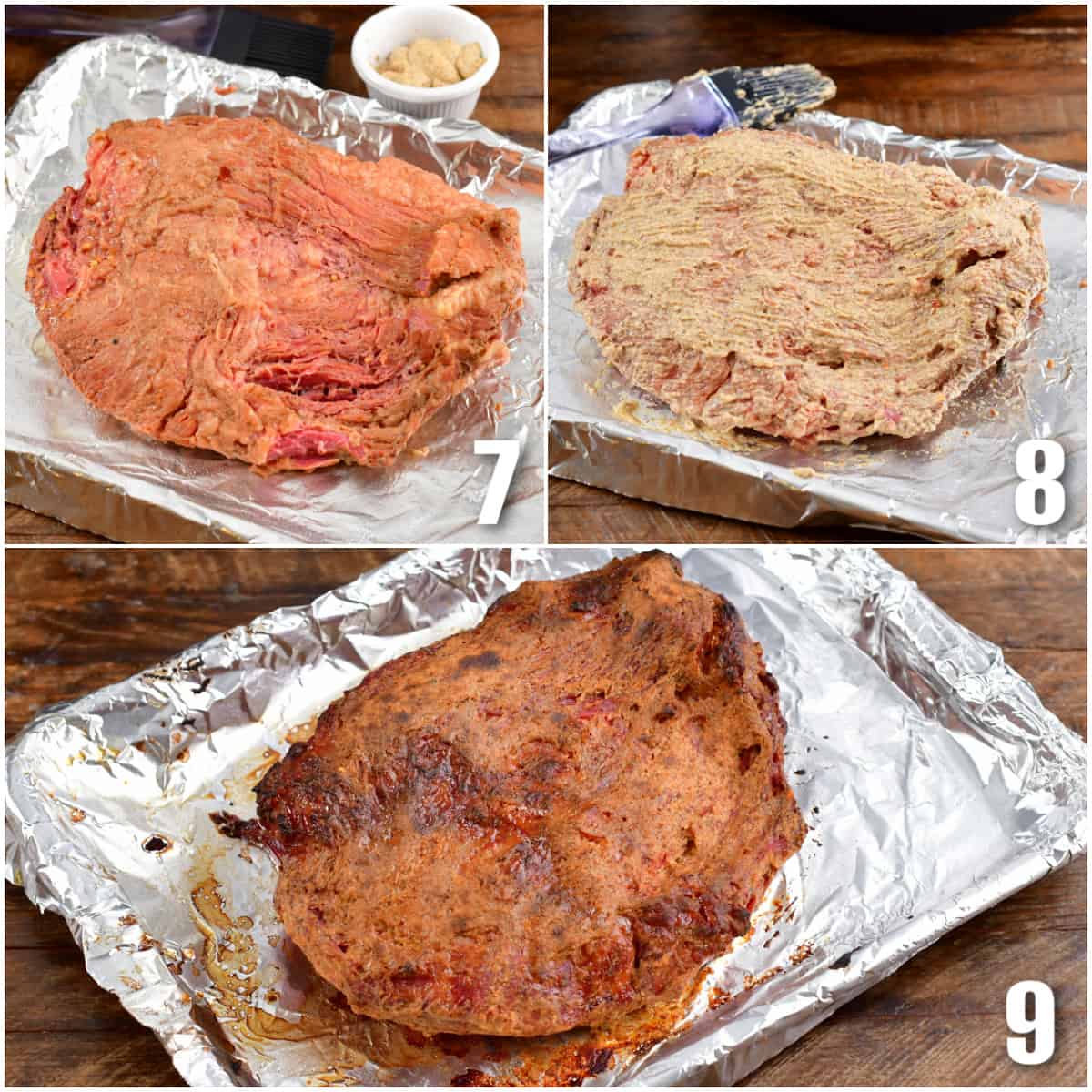 Collage of three images adding mustard, cooked corned beef on a baking sheet.