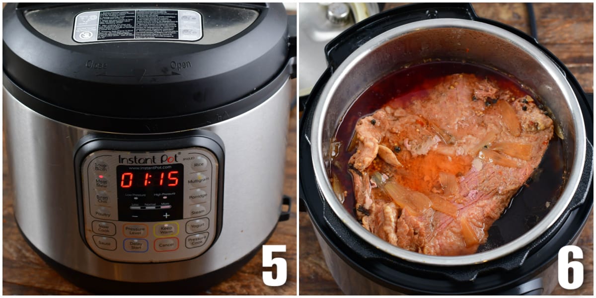Collage of two images Instant pot, corned beef in the instant pot.