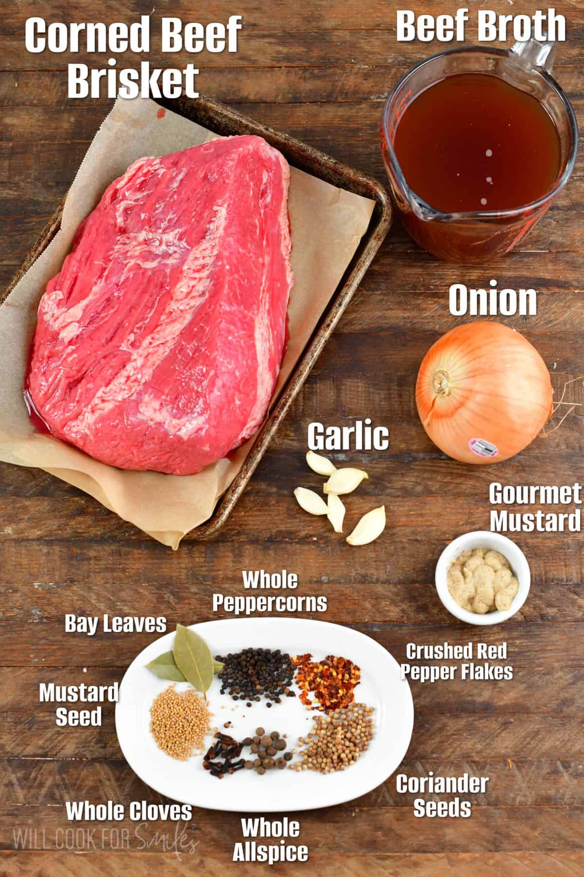 labeled ingredients for Instant pot corned beef on a wood surface.