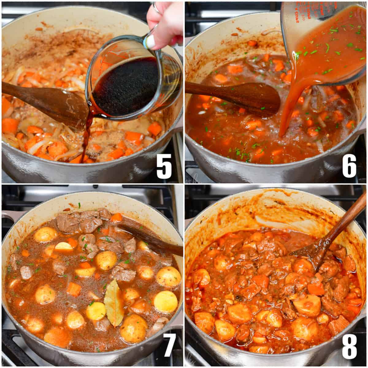 collage of four images adding, beer to the pot, adding stock, stirring and cooking the stew.