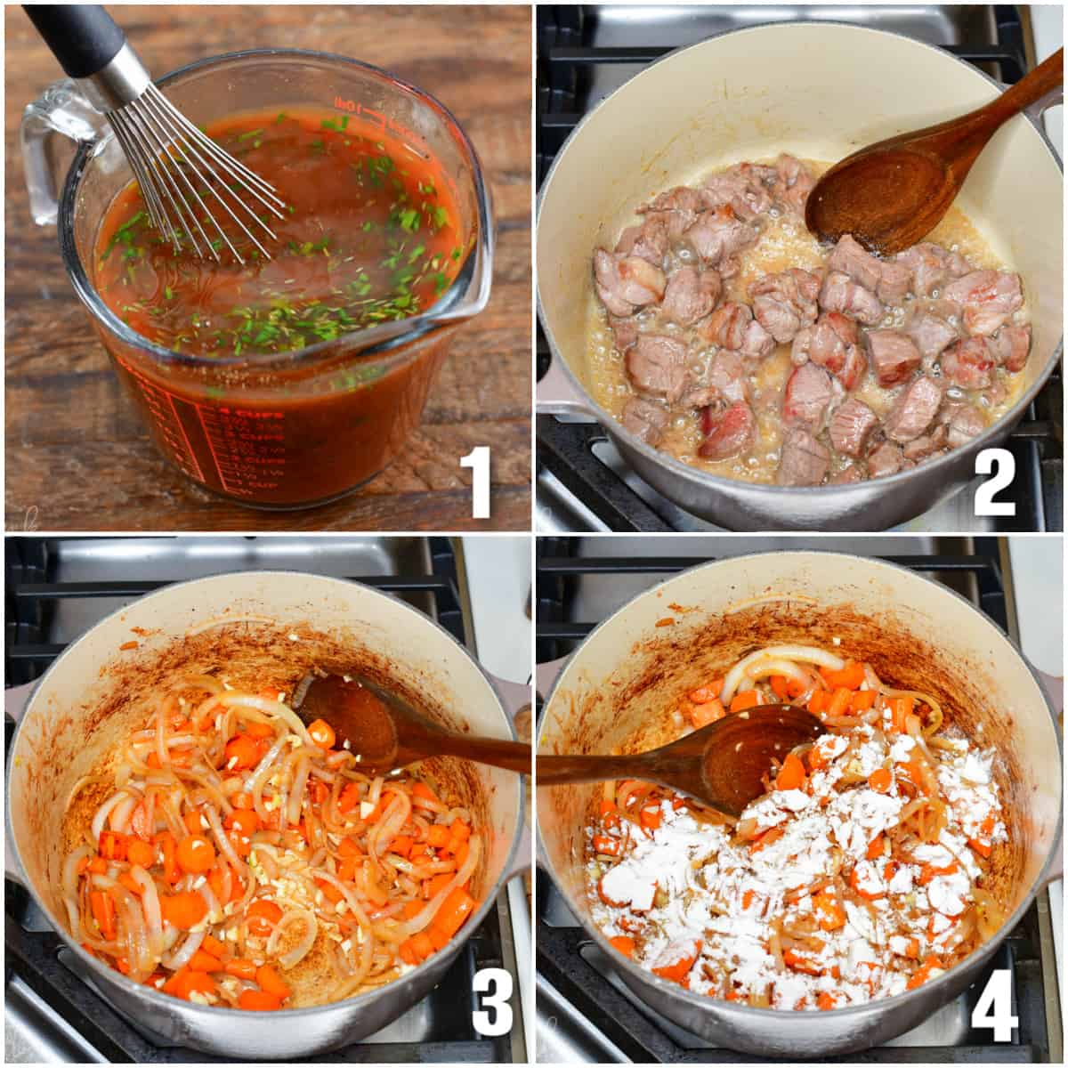 collage of four images mixing sauce with a whisk, coooking lamb in a pot, cooking the veggies in the pot.