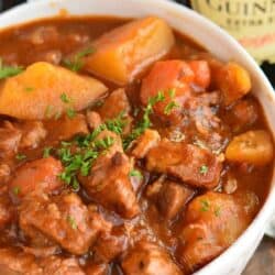 Irish beeg stew with lamb, potatoes, and carrots in a bowl.