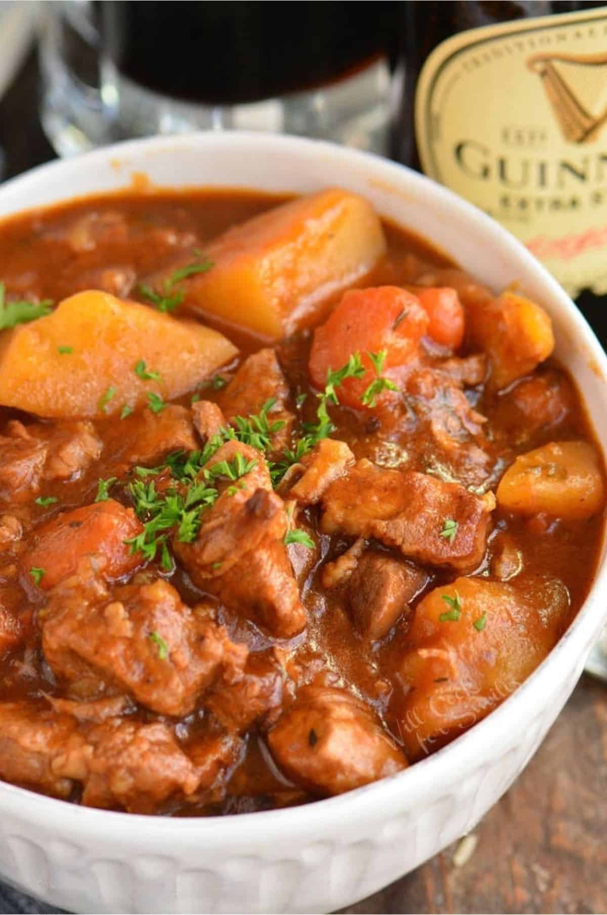 Irish beeg stew with lamb, potatoes, and carrots in a bowl.
