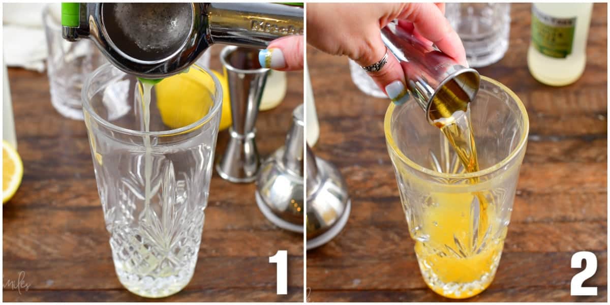 Collage of two images adding lime juice to a glass, adding whiskey to a glass.