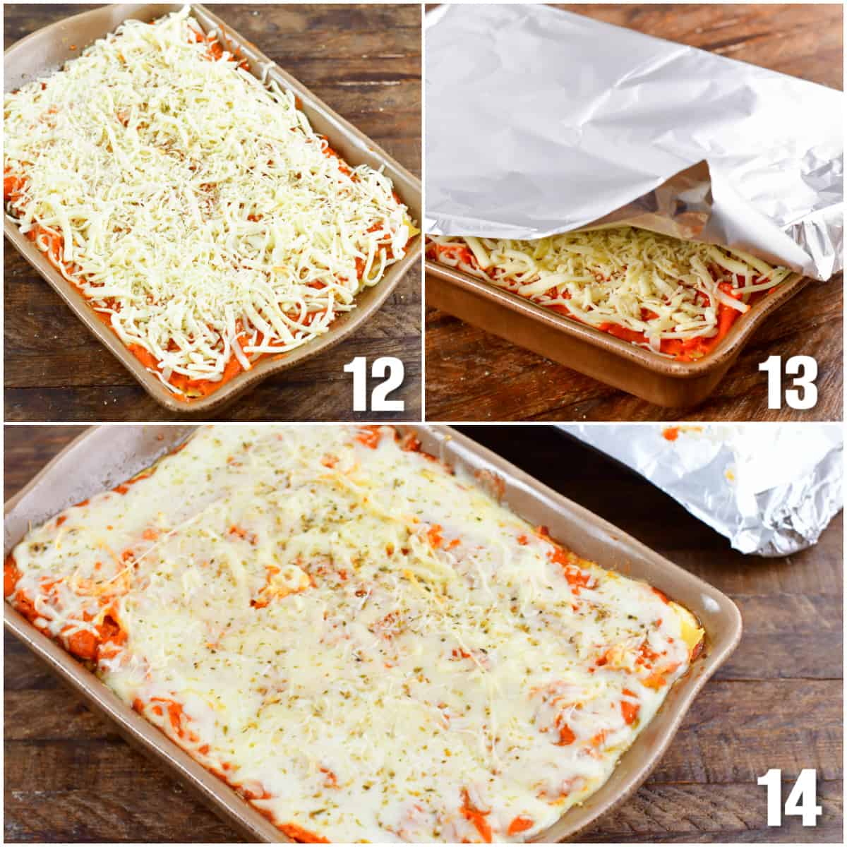 collage of three images of adding cheese, covering with foil, and lasagna baked.