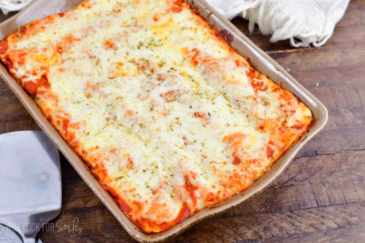 lasagna baked in a baking dish.