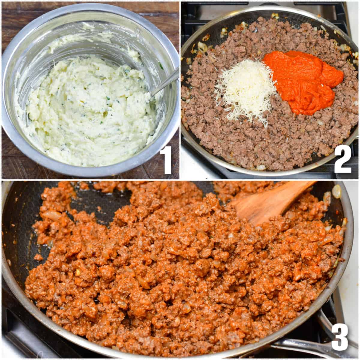Collage of 3 images of mixing the cheeses, meet and sauce in a pan, stiring it up.
