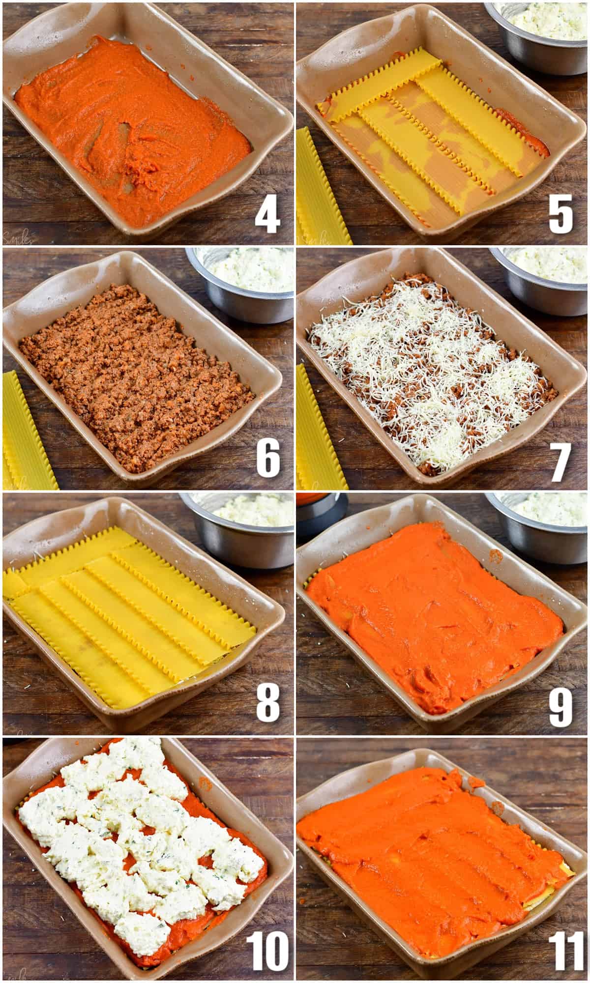 collage of eleven images of how to assemble lasagna.