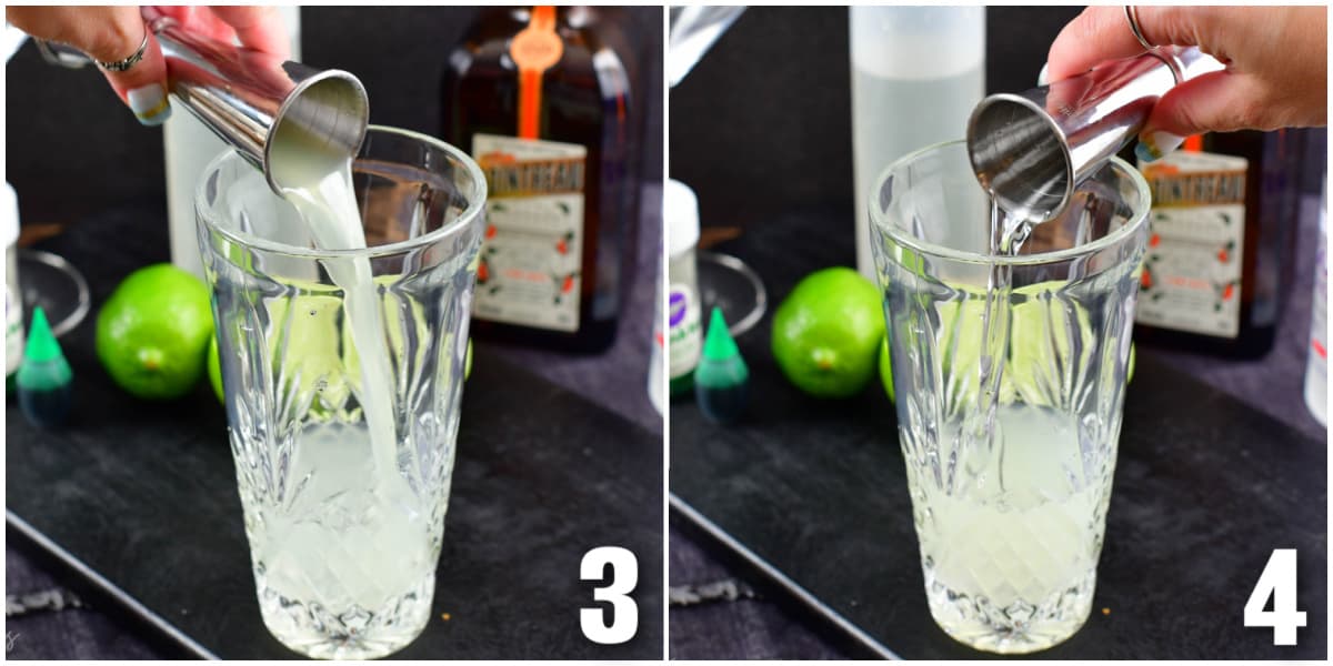 collage of two images adding lime juice and simple syrup to a glass.