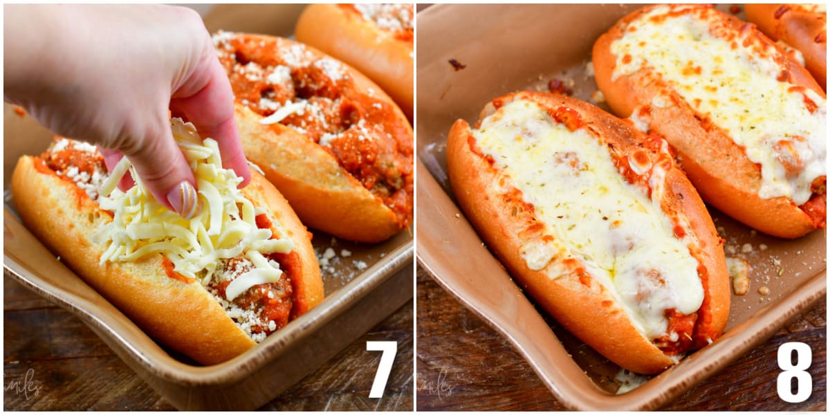 collage of two images of steps for adding cheese to meatball subs and then cheese melted on meatballs subs.