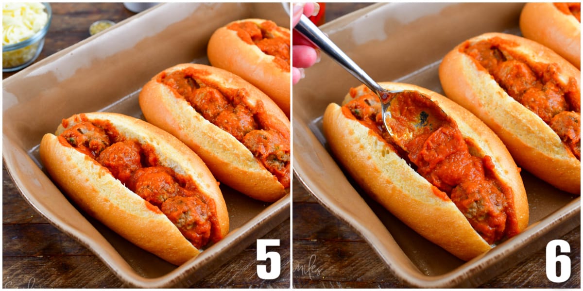 collage of two images of steps for adding meatballs and sauce to the sub rolls.