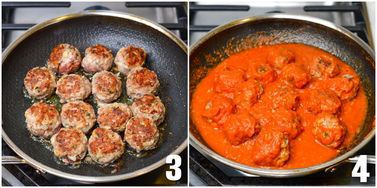 Collage of two images of steps for cooking meatballs in a pan and then meatballs in sauce in the pan.