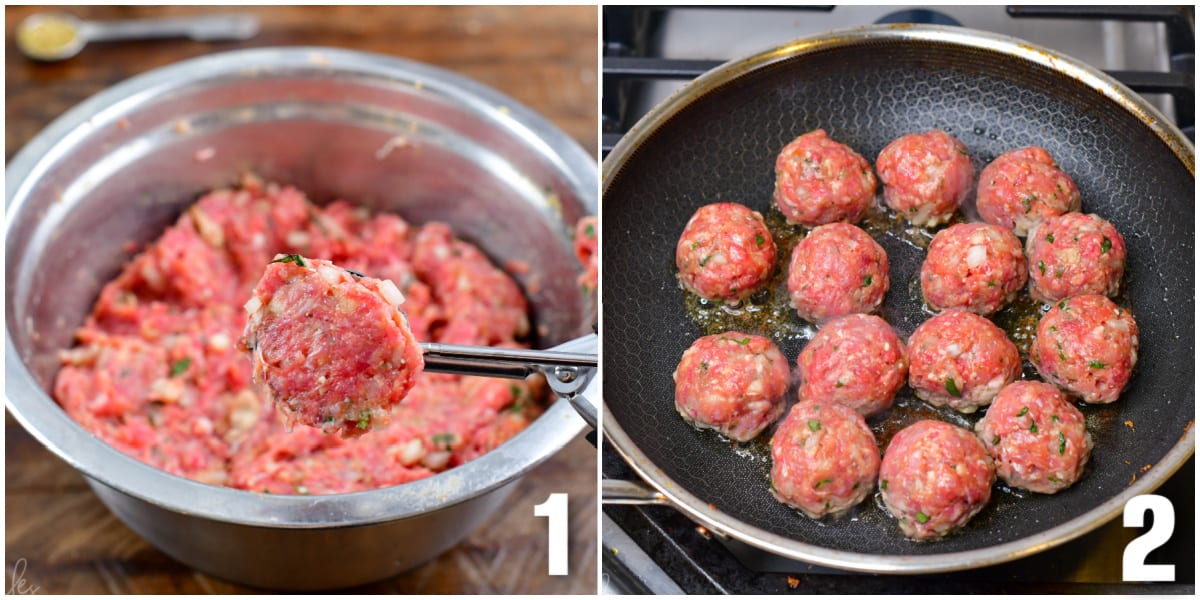 Collage of two images of steps for scooping out meatballs and then cooking meatballs in a pan.