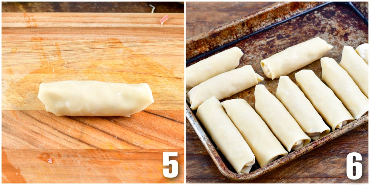 Collage of two photos of Reuben Egg Rolls being rolled and then places on baking sheet.
