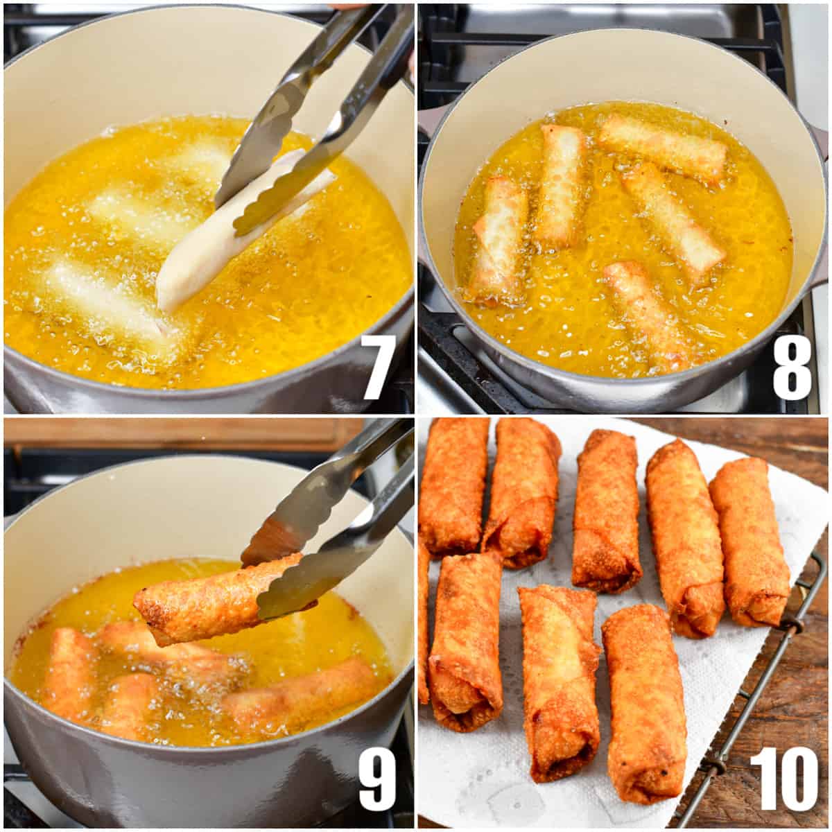 Collage of four images for steps to fry egg rolls.