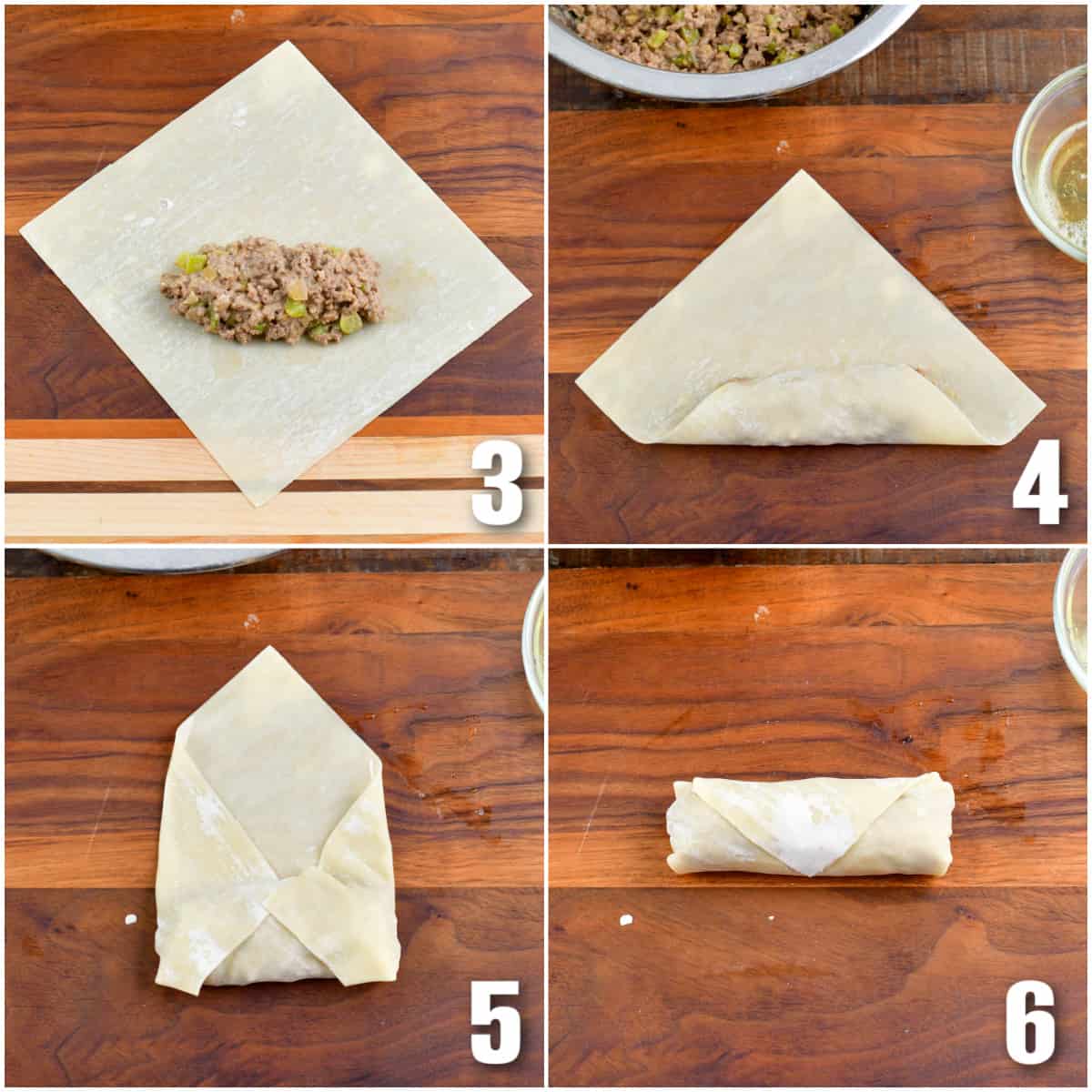 collage of four images of steps to rolls the cheeseburger egg rolls in the wrapper.