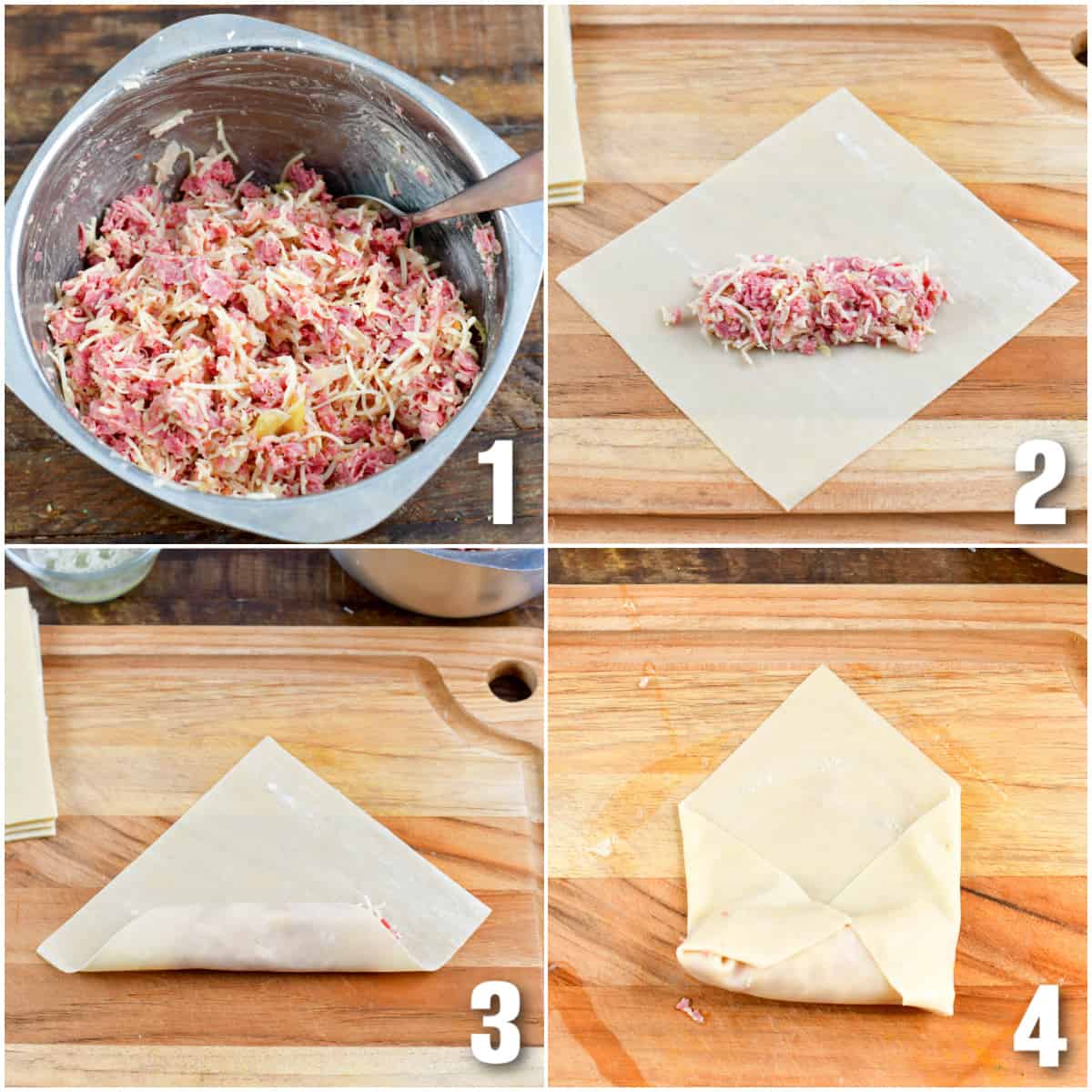 collage of four images of steps to roll Reuben egg rolls.