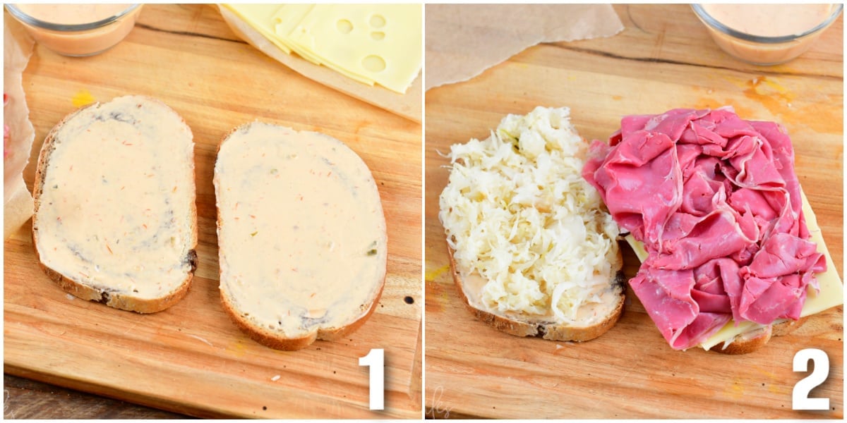 bread is coated with dressing, then topped with sauerkraut and corned beef
