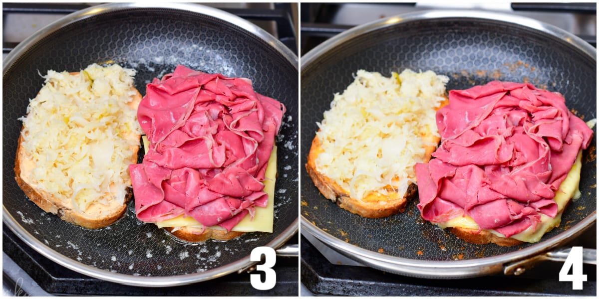 reuben sandwich is cooking in a skillet