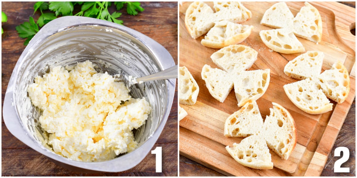 collage of two images mixing the cream cheese spread together and cut bread on a cutting board.