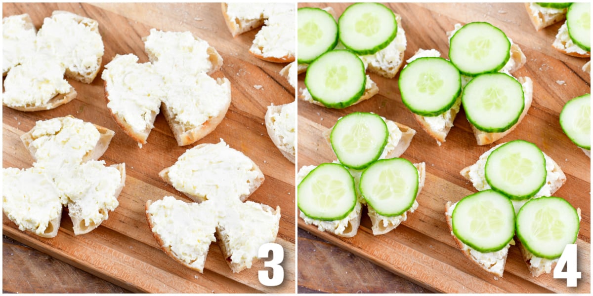collage of two images spreading the cream cheese, adding the cucumbers to the bread.