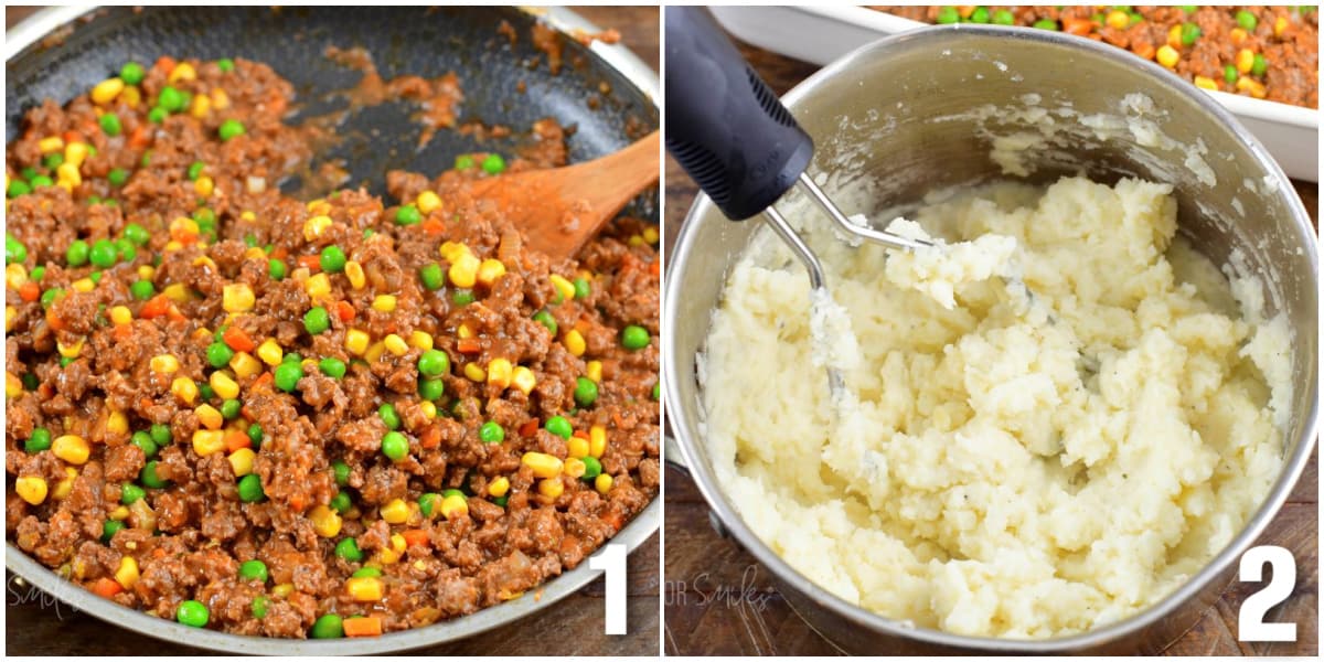 collage of two images of cooked beef and veggies and cooked mashed potatoes.