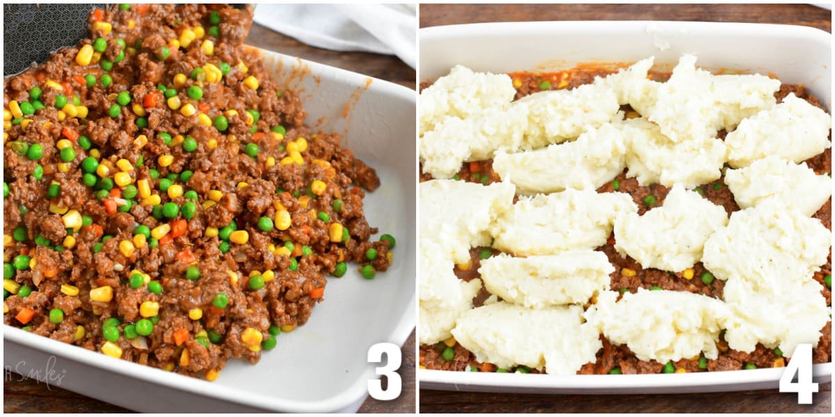 collage of two images of layering beef and then potatoes for shepherd's pie.