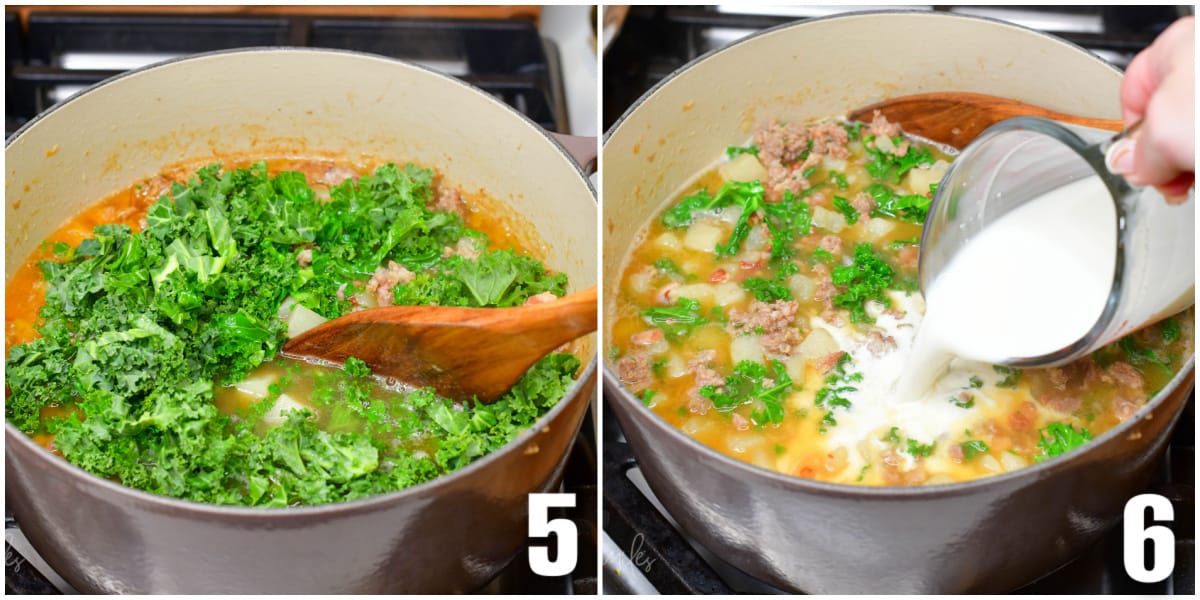 Collage of tow images adding kale and cream to the soup.
