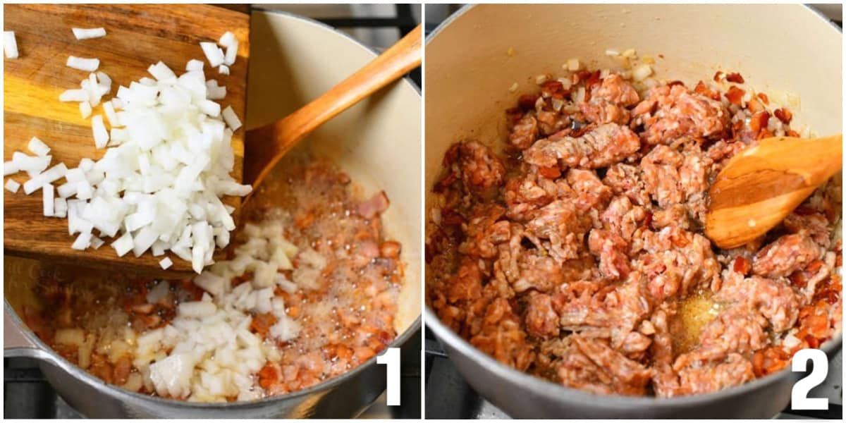 Collage of two images of adding of onions to a pot for Zuppa Toscana soup.