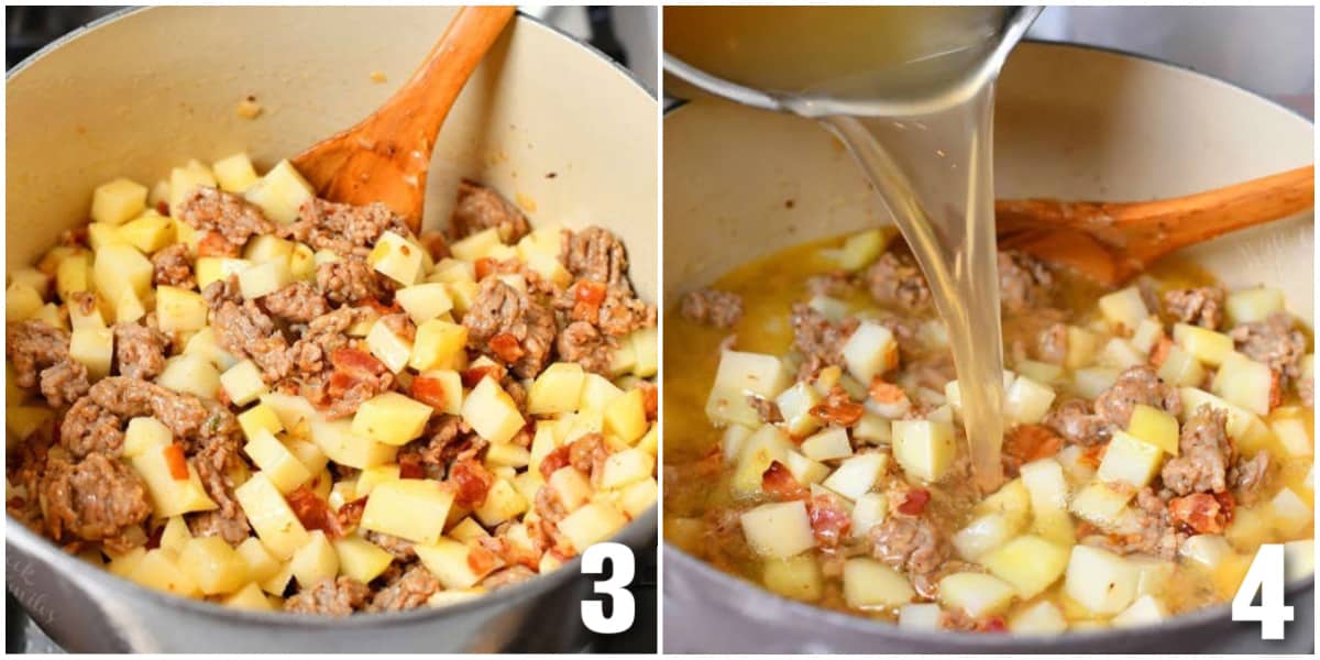 Collage of two images of adding potatoes and stock to the pot for Zuppa Toscana soup.