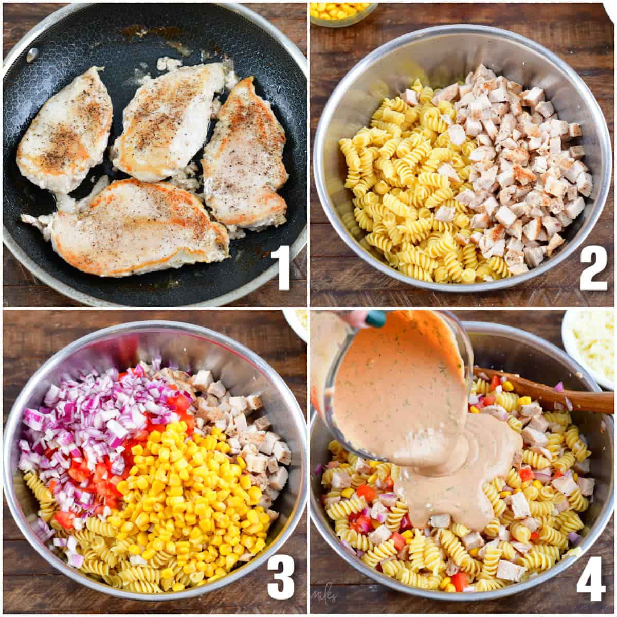 Collage of four photos of cooking chicken in a pan, adding dice chicken to the bowl of pasta, adding veggies and sauce to the bowl.