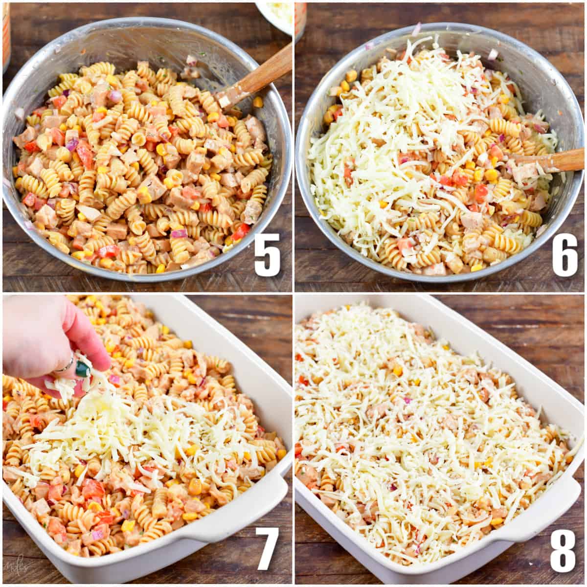 collage of four images of mixing the ingredients together and adding them to a baking dish, adding cheese on top.