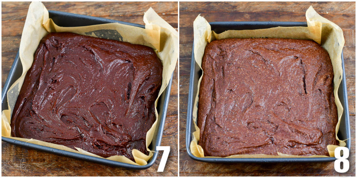 Collage of two images of brownies before and after cooking.
