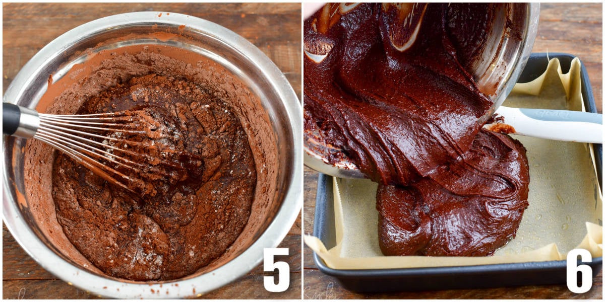 Collage of two images mixing the wet and dry ingredients together with a whisk, pouring the batter into baking dish.