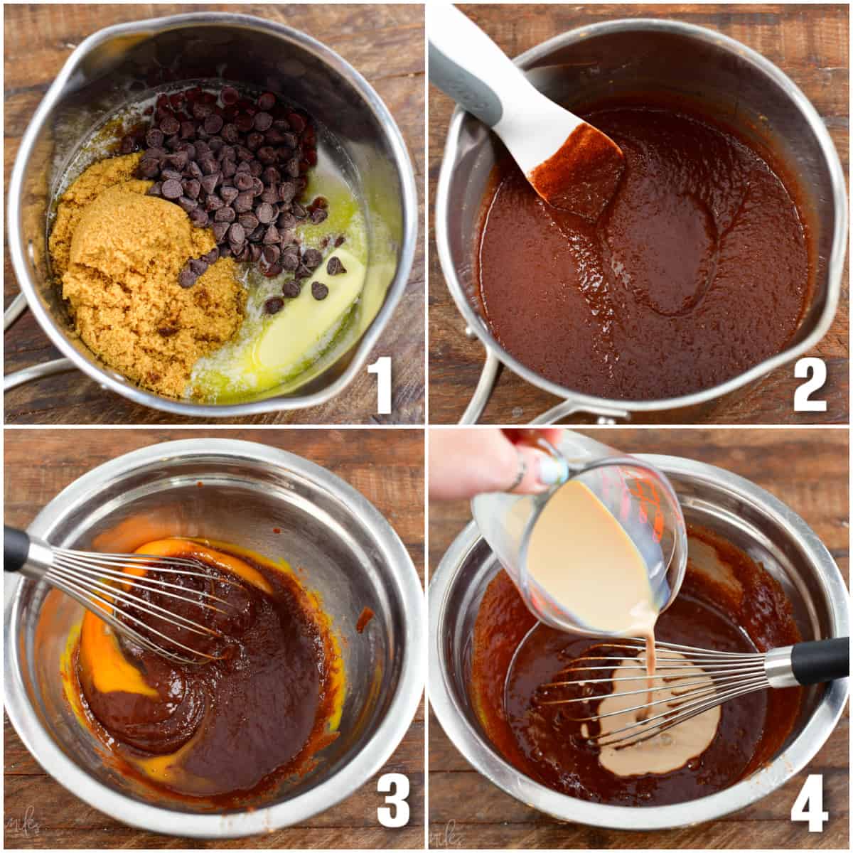 Collage of four images of making the batter for brownies.