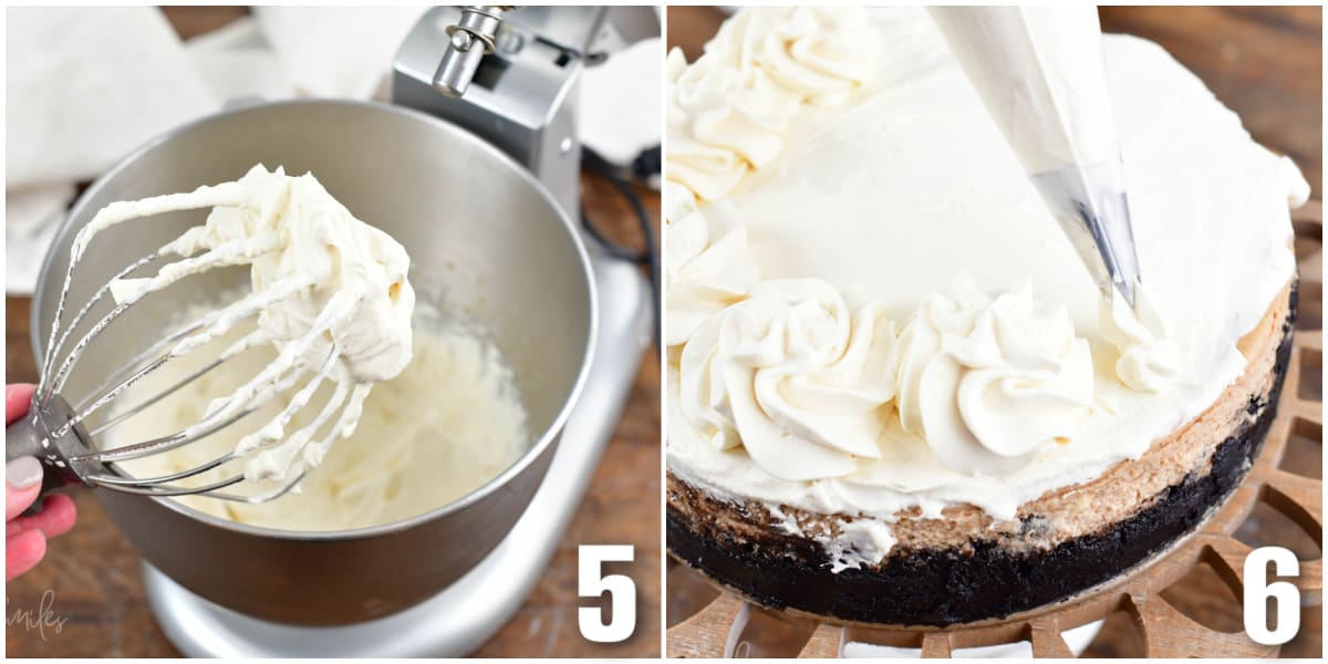 collage of two images of bailey's whipped cream and decorating the cheesecake.