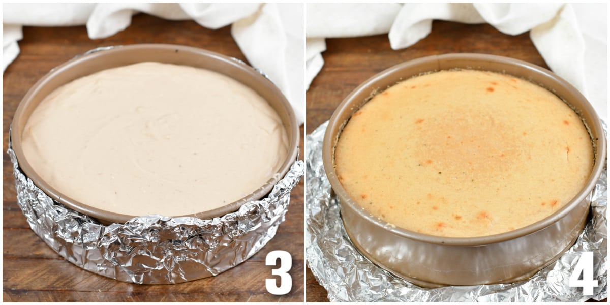 collage of two images of cheesecake before and after baking.