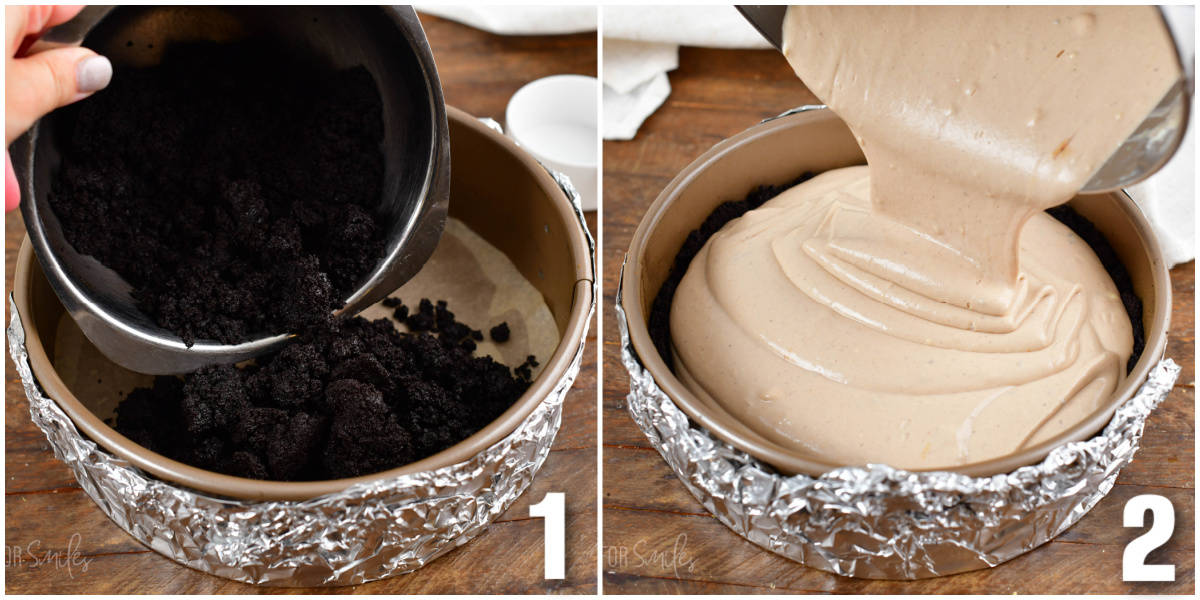 collage of two images of adding crust to springform and pouring in cheesecake batter.
