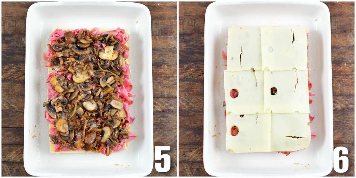 Collage of two images of corned beef sliders being assembled in a baking dish.