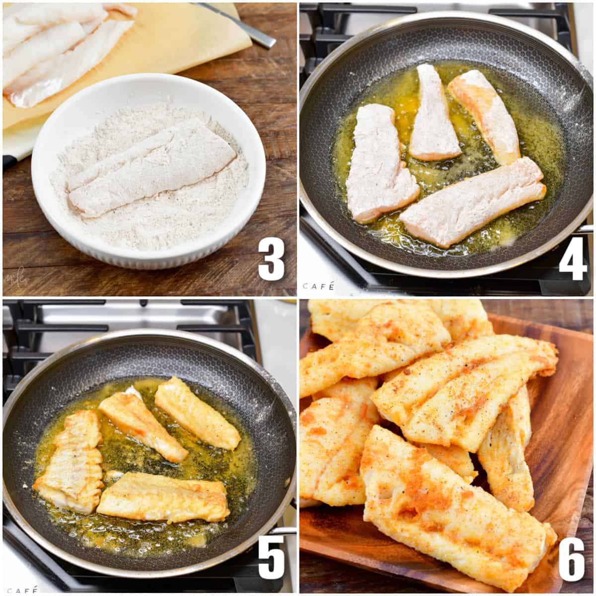 Collage of four images of coating fish in flour mixture then pan frying fish, cooked fish on a wood plate.