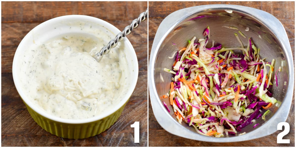 collage of two images of bowl of tartar and slaw in a bowl on a wood surface.