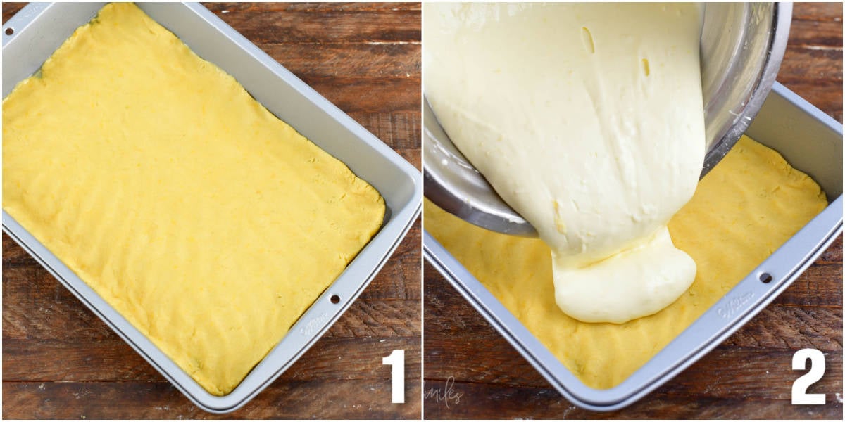 Collage of two images pouring the cheesecake mixture on top of the lemon cookie.