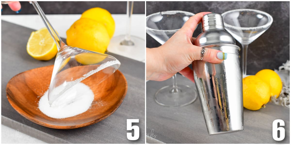 Collage of two images putting sugar on rim of martini glass, shaking all ingredients in a cocktail shaker.